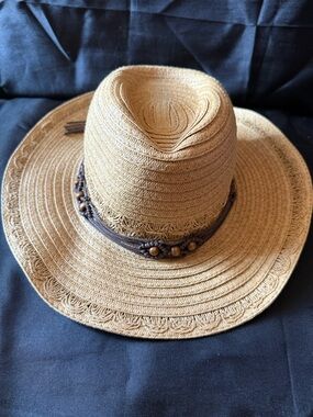 New PUGS Woven Straw Sun Hat with Bead Trim - Tan